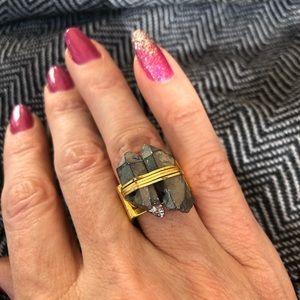 Natural hematite wire wrapped crystal brass ring.